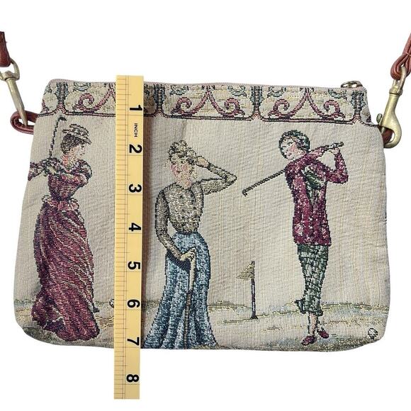 Vintage Tapestry Shoulder Bag with Victorian Golfers Scene & Brown Strap - Picture 9 of 11